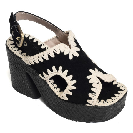 RAFFIA PLATFORM WITH BACK STRA Noir, Nu-Pieds à talon Mou