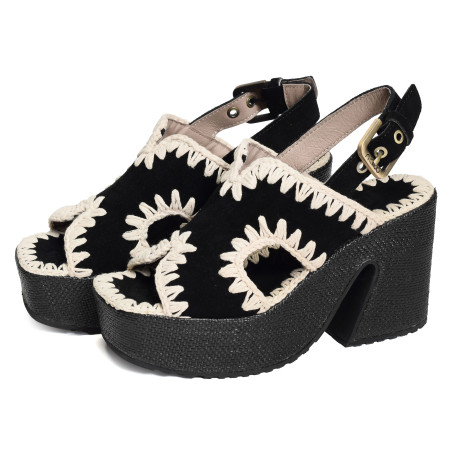 RAFFIA PLATFORM WITH BACK STRA Noir, Nu-Pieds à talon Mou