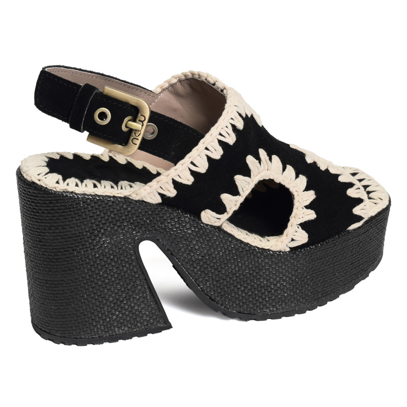 RAFFIA PLATFORM WITH BACK STRA Noir, Nu-Pieds à talon Mou