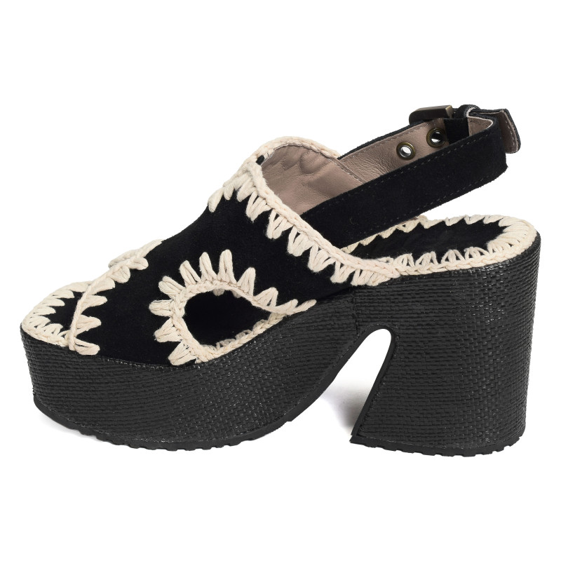 RAFFIA PLATFORM WITH BACK STRA Noir, Nu-Pieds à talon Mou