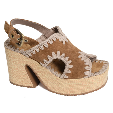 RAFFIA PLATFORM WITH BACK STRA Camel, Nu-Pieds à talon Mou