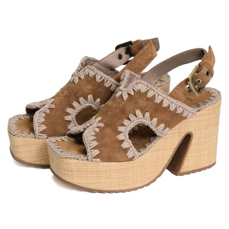 RAFFIA PLATFORM WITH BACK STRA Camel, Nu-Pieds à talon Mou