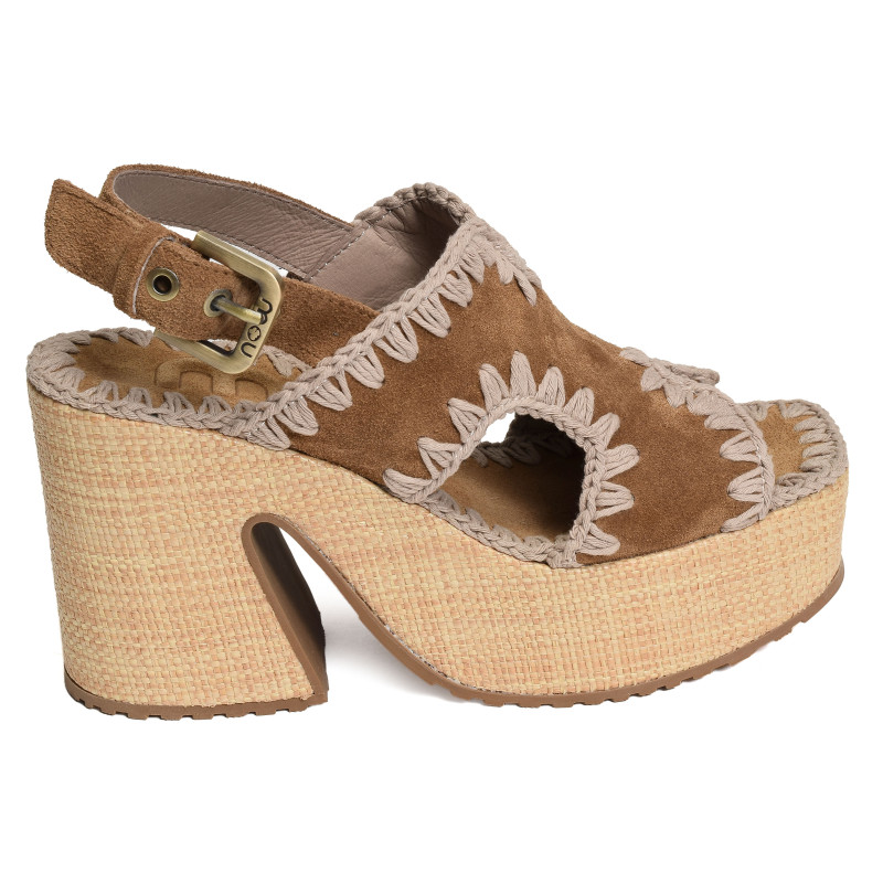 RAFFIA PLATFORM WITH BACK STRA Camel, Nu-Pieds à talon Mou