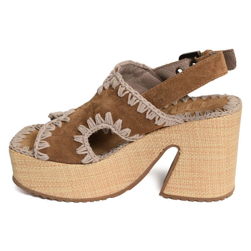 RAFFIA PLATFORM WITH BACK STRA Camel, Nu-Pieds à talon Mou